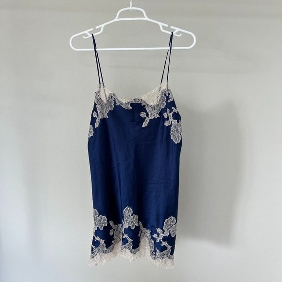Victoria's Secret Other - Victoria's Secret Dark Blue Satin & Cream Lace Short Slip Dress Nightgown